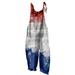 REORIAFEE Jumpsuit for Women Casual Loose Wide Leg Romper Square Collar Sleeveless Jumpsuit Flag Print Spaghetti Strap Womens Rompers Independence Day Backless Loose Long Playsuit Romper Red XL