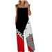 REORIAFEE Jumpsuits for Women Summer Dressy Baggy Square Collar Sleeveless Jumpsuit Flag Print Suspenders Independence Day Oversized Backless Loose Long Playsuit Romper Jumpsuit Black XXXL