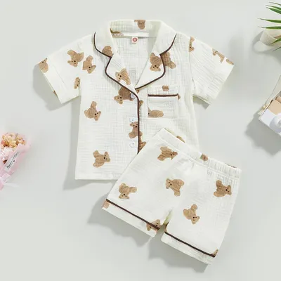 Vêtements de nuit pour enfants pyjama à manches courtes imprimé ours de dessin animé T-shirt à