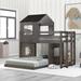 Wooden House Twin Over Full Bunk Bed Frame with Roof and Windows Design, Twin Over Full Bunk Bed with Ladder and Guardrails