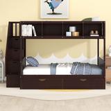 Designs White Bunk Beds Twin Over Full with Storage Staircase and 2 Drawers, Wooden Bunk Bed Frame with 4 Storage Shelves