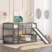 Twin Over Twin Low Bunk Bed with Slide, Wooden Floor Bunk Bed Frame with Fence and Ladder, for Kids Teens, Boys Girls