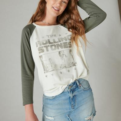 Lucky Brand Rolling Stones Ticket Raglan Tee - Women's Clothing Tops Shirts Tee Graphic T Shirts in Egret, Size S