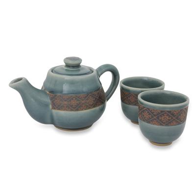 Celadon ceramic tea set, 'Thai Weave Inspiration' (set for 2)