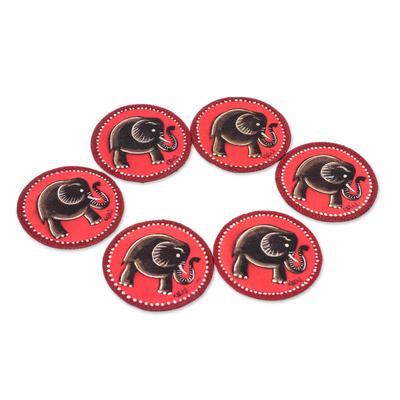 Red Elephant,'Elephant-Themed Cotton Coasters from Ghana (Set of 6)'