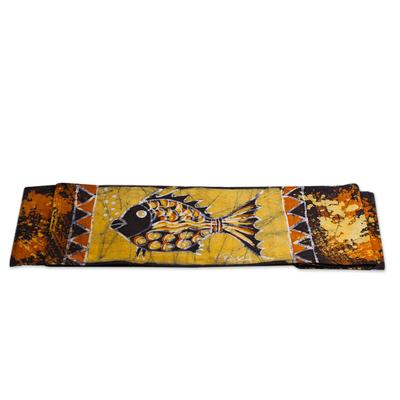 Elegant Fish,'Fish-Themed Batik Cotton Table Runner from Ghana'