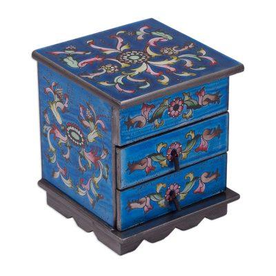 'Celestial Blue' - Reverse Painted Glass Jewelry Box with Mirror