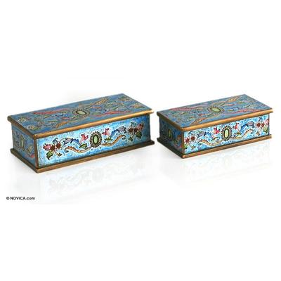 Emerald,'2 Collectible Reverse Painted Glass Wood Decorative Boxes'