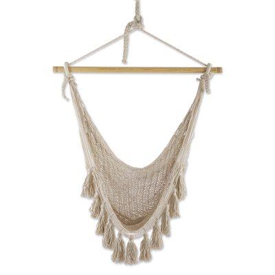 Ocean Seat in Ivory,'Ivory Tasseled Cotton Rope Mayan Hammock Swing from Mexico'