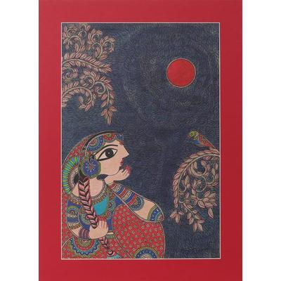 Conversation with A Bird II,'Woman & Bird Madhubani Painting on Handmade Paper from India'