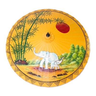 Joyful Dance,'Elephant-Themed Cotton and Bamboo Parasol in Goldenrod'