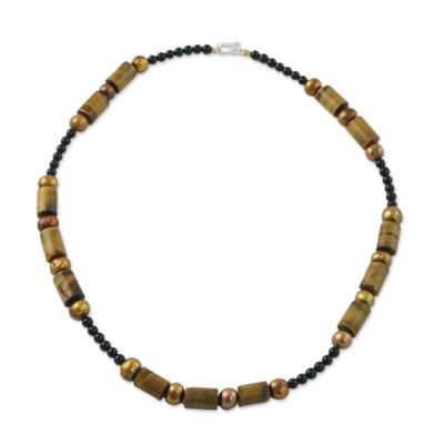 Cultured pearl and tiger's eye beaded necklace. 'Honey Bamboo' - Beaded Onyx and Tiger's Eye Necklac