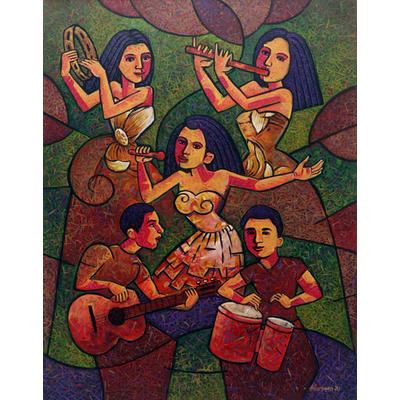 Melayu Music,'Expressionist Painting of Maya Musicians in Bright Colors'