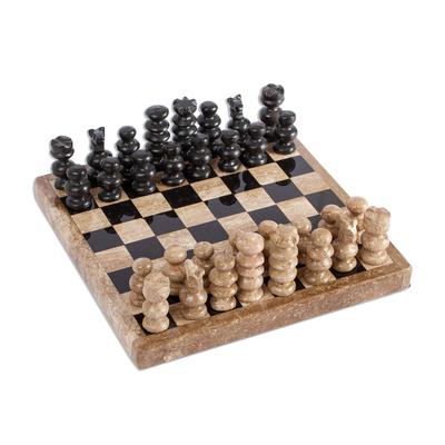Brown Challenge,'Handcrafted Marble Chess Set in Brown from Mexico (5 in.)'