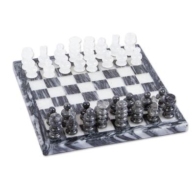 White and Ash,'Mexican White Onyx and Charcoal Grey Marble Mini Chess Set'
