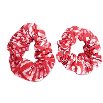 Thankful Crimson,'Pair of Red and White Patterned Cotton Scrunchies from Ghana'