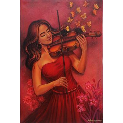 Peace of Symphony,'Balinese Realist Painting of Violinist in Red Dress'