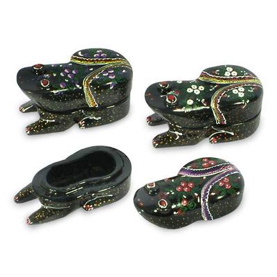 Lacquered wood boxes, 'Fortunate Frogs' (set of 3)