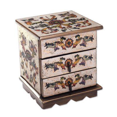 Colonial Sunflower,'Reverse Painted Glass Jewelry Box in Off White from Peru'