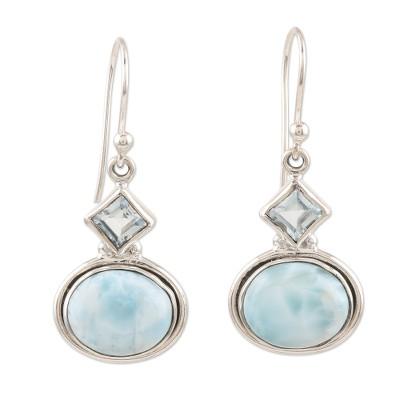 New Delhi Sky,'Larimar and Blue Topaz Sterling Silver Dangle Earrings'