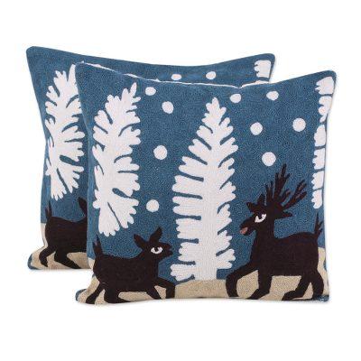 Deer in Love,'Two Embroidered Cotton Cushion Covers with Deer from India'