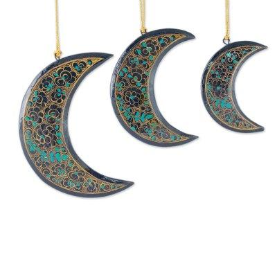 Wood Christmas ornaments, 'Midnight Moons' (set of...