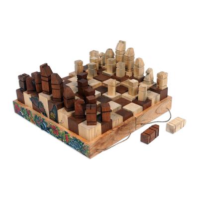 'Butterfly and Flower-Themed Wood Chess Set from Bali'