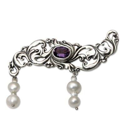 Cultured pearl and amethyst brooch pin, 'Misty Dew'