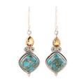 Teardrop Harmony,'Teardrop Citrine and Turquoise Dangle Earrings from India'