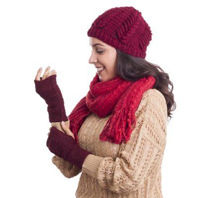 Gossamer Wine,'Patterned 100% Baby Alpaca Fingerless Mitts in Maroon'
