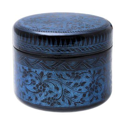 Exotic Flora in Blue,'Round Mango Wood Decorative Box in Blue from Thailand'