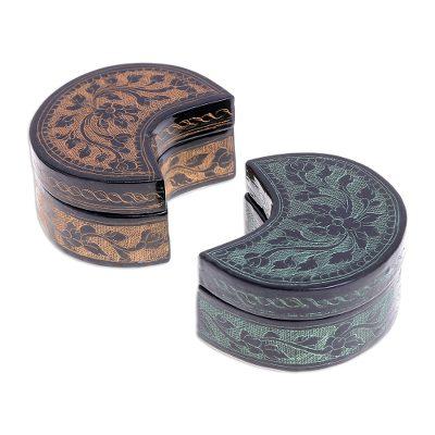 Crescent Dream in Dawn,'Green and Yellow Decorative Lacquerware Wood Boxes (Pair)'