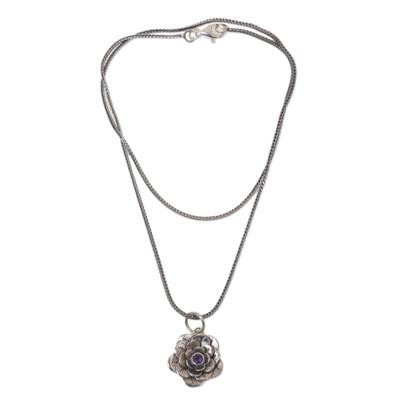 'Holy Lotus' - Artisan Crafted Silver and Amethyst Flower Necklace