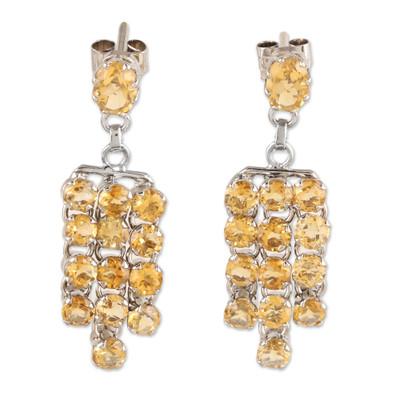 'Rhodium-Plated Waterfall Earrings with Faceted Citrine Gems'