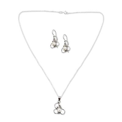 'Purity' - Hand Crafted Floral Pearl Jewelry Set in Sterling Silver
