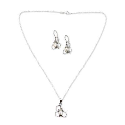 'Purity' - Hand Crafted Floral Pearl Jewelry Set in Sterling Silver