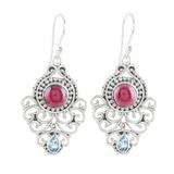 Glory Eternal,'Garnet and Blue Topaz Silver Dangle Earrings'