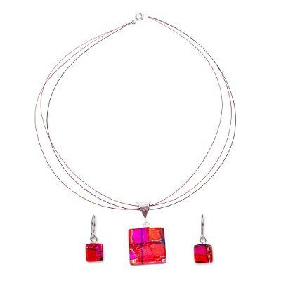 Scarlet Glow,'Scarlet Dichroic Art Glass Necklace & Earrings Jewelry Set'