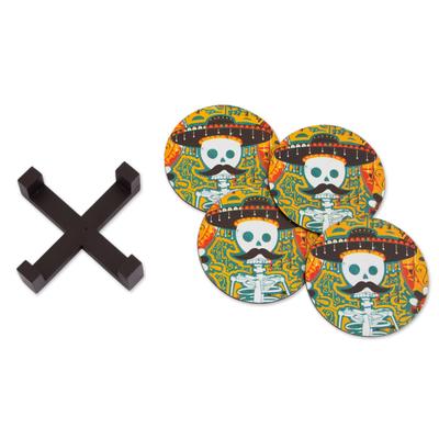 Mustachioed Skull,'Day of the Dead Decoupage Pinewood Coasters from Mexico'