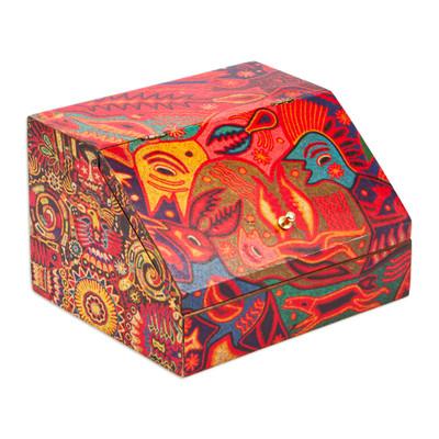 'Huichol Cosmogony on 6-Inch Decoupage Wood Jewelry Box'