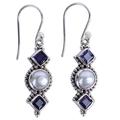 Lunar Allure,'Iolite and Cultured Pearl Sterling Silver Dangle Earrings'