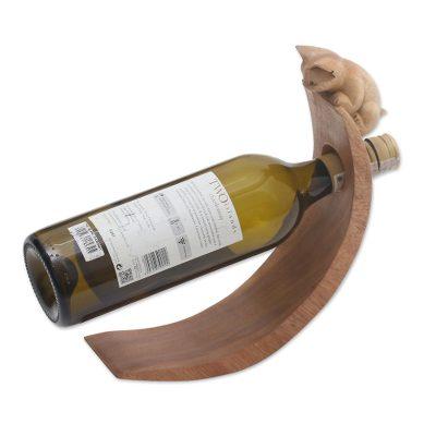 Brown Peeking Kitten,'Handcrafted Suar Wood Cat Bottle Holder in Brown from Bali'