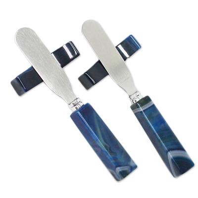 'Sapphire Blue Deli' (pair) - Agate Spreader Knives Handcrafted in