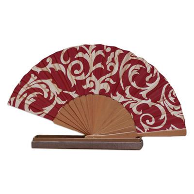 Silk batik fan, 'Red Bali Glory'