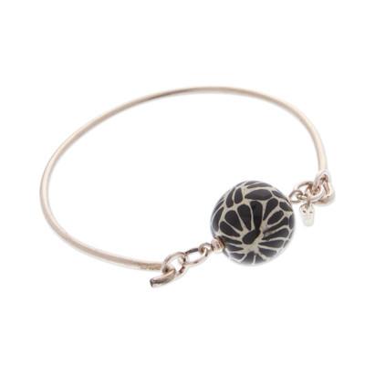 Petal Orb,'Black Talavera Ceramic and Sterling Silver Pendant Bracelet'