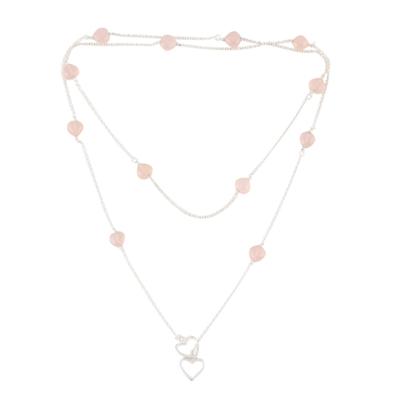 Romantic Pink,'Rose Onyx and Sterling Silver Station Necklace with Hearts'