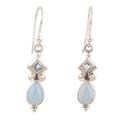 Dancing Blue Gems,'Indian Blue Topaz and Chalcedony Dangle Earrings'