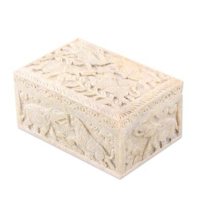 Wild Animals,'Carved Elephant and Lion Soapstone Jewelry Box from India'