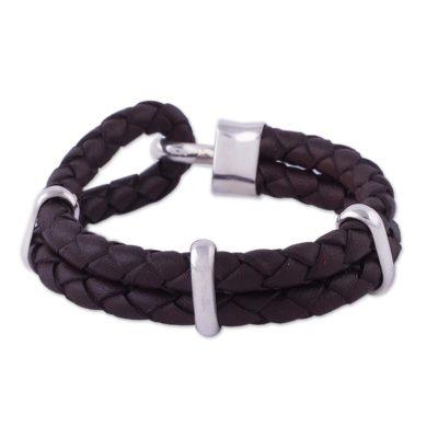 'Furrows' - Men's Sterling Silver and Braided Leather Bracelet