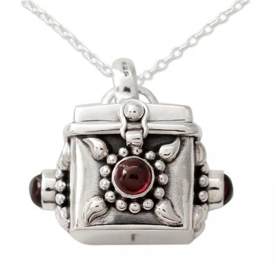 Royal Prayer,'Artisan Crafted Prayer Box Necklace in Silver with Garnet'